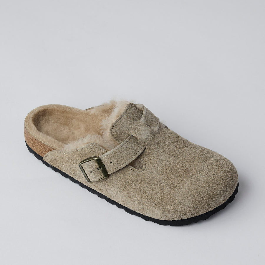 Birkenstock Beige Suede Shearling Boston Clogs