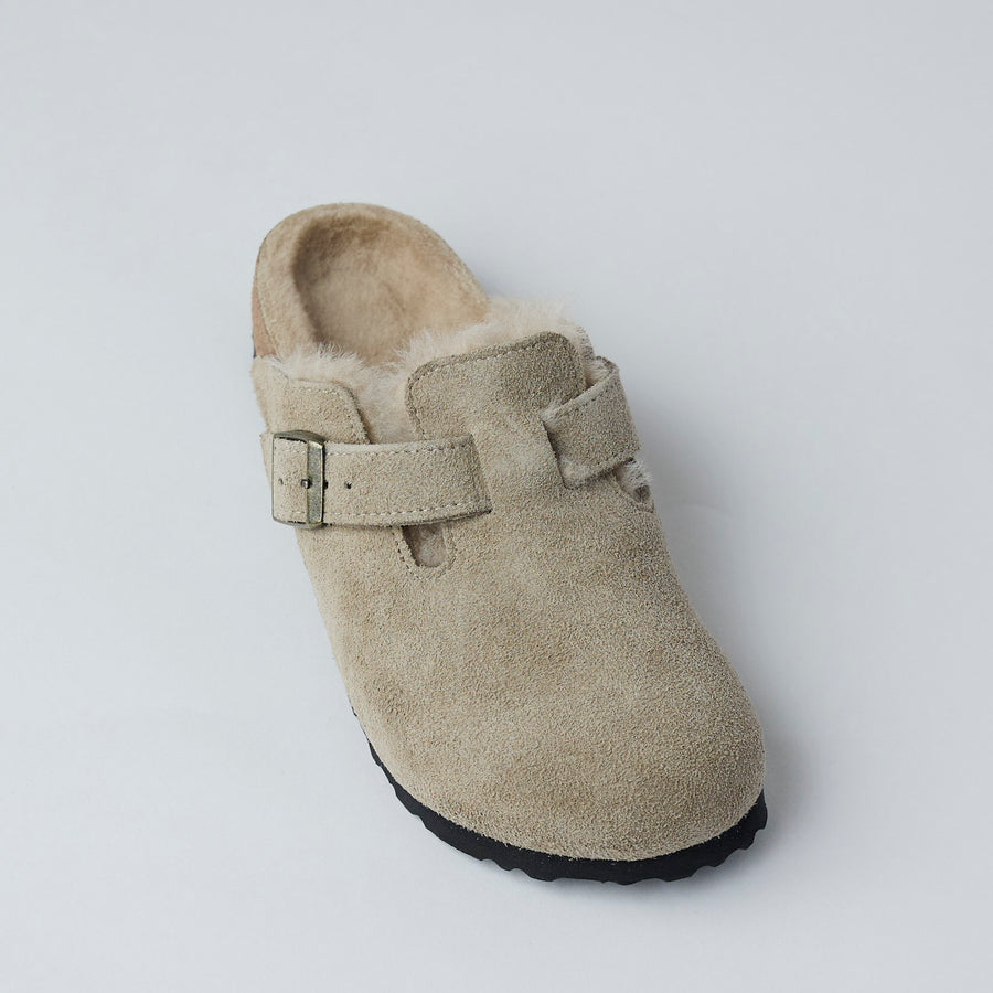 Birkenstock Beige Suede Shearling Boston Clogs