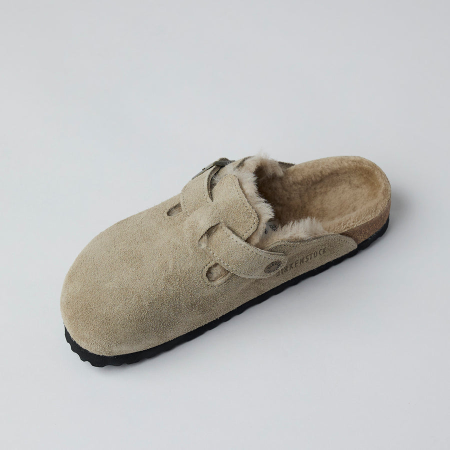 Birkenstock Beige Suede Shearling Boston Clogs