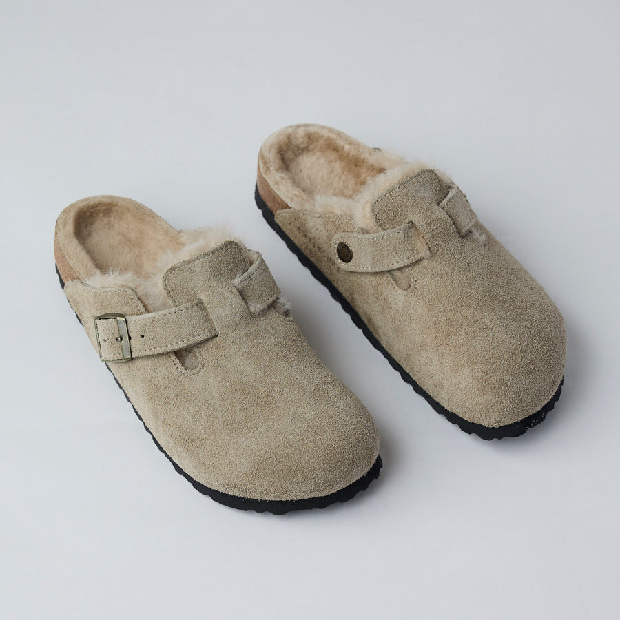 Birkenstock Beige Suede Shearling Boston Clogs