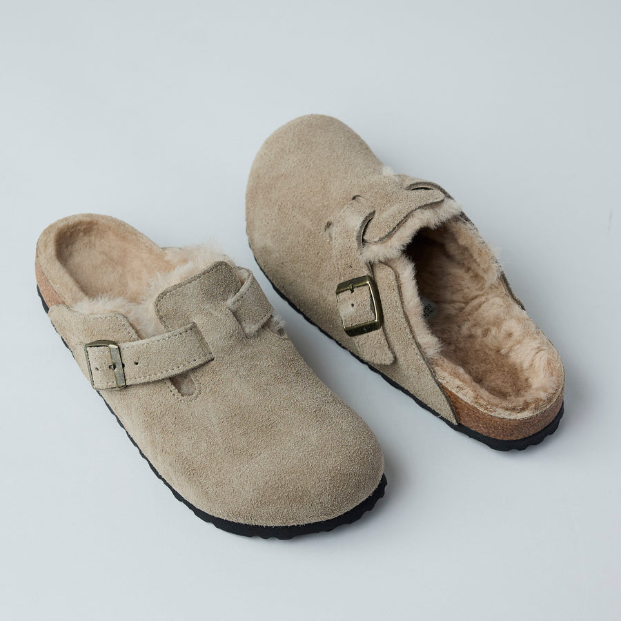 Birkenstock Beige Suede Shearling Boston Clogs