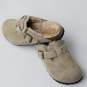 Birkenstock Beige Suede Shearling Boston Clogs