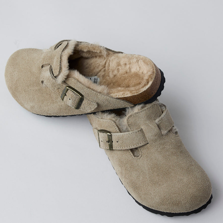 Birkenstock Beige Suede Shearling Boston Clogs