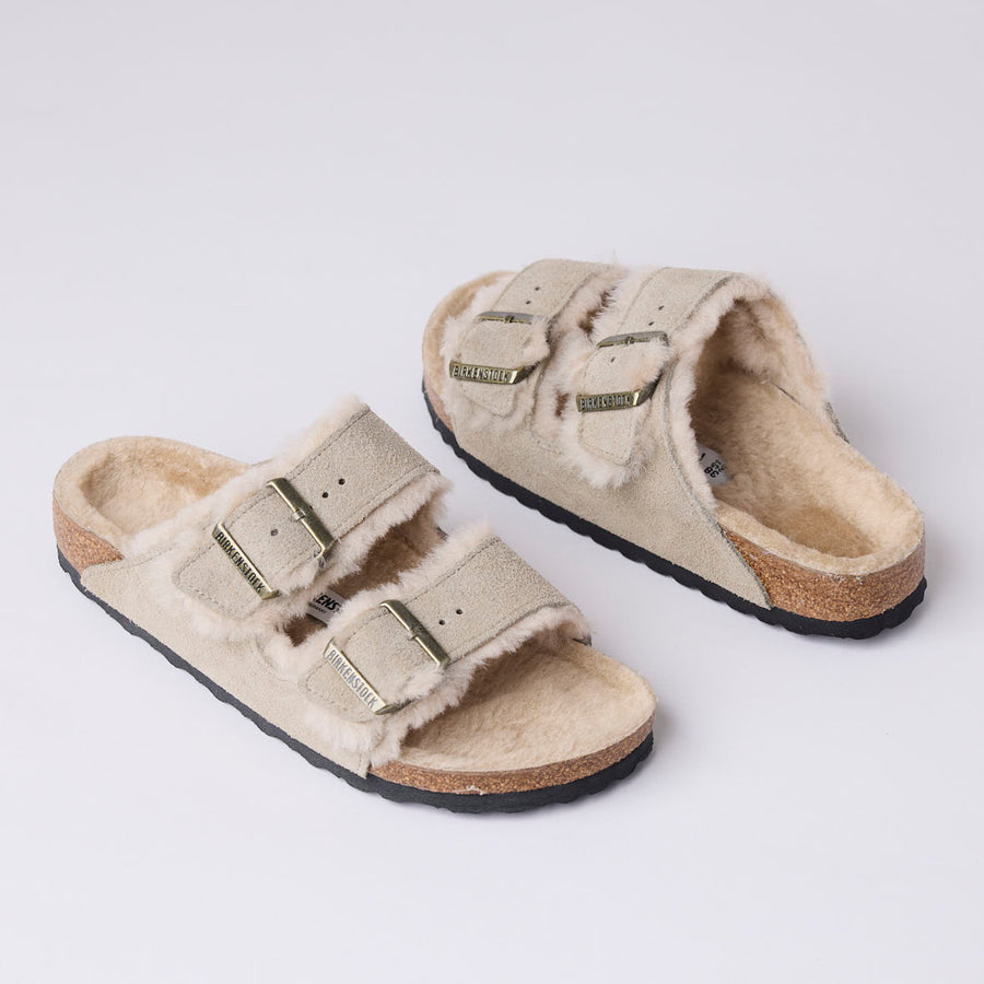 Birkenstock Taupe Suede Arizona Shearling Sandals - Nozomi