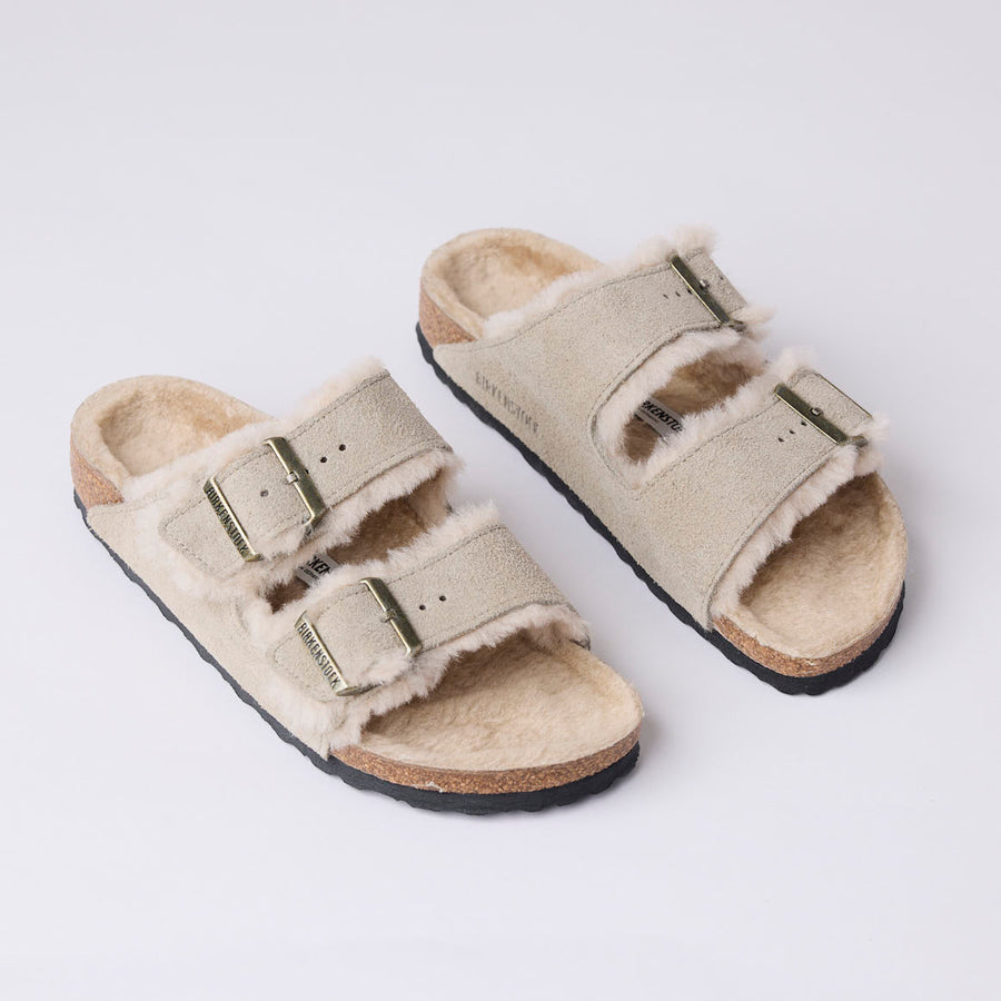 Birkenstock Taupe Suede Arizona Shearling Sandals - Nozomi