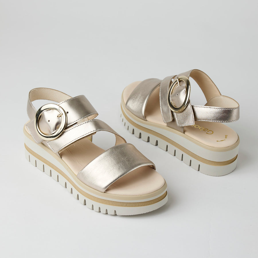 Gabor Flatform Platino Metallic Leather Sandals