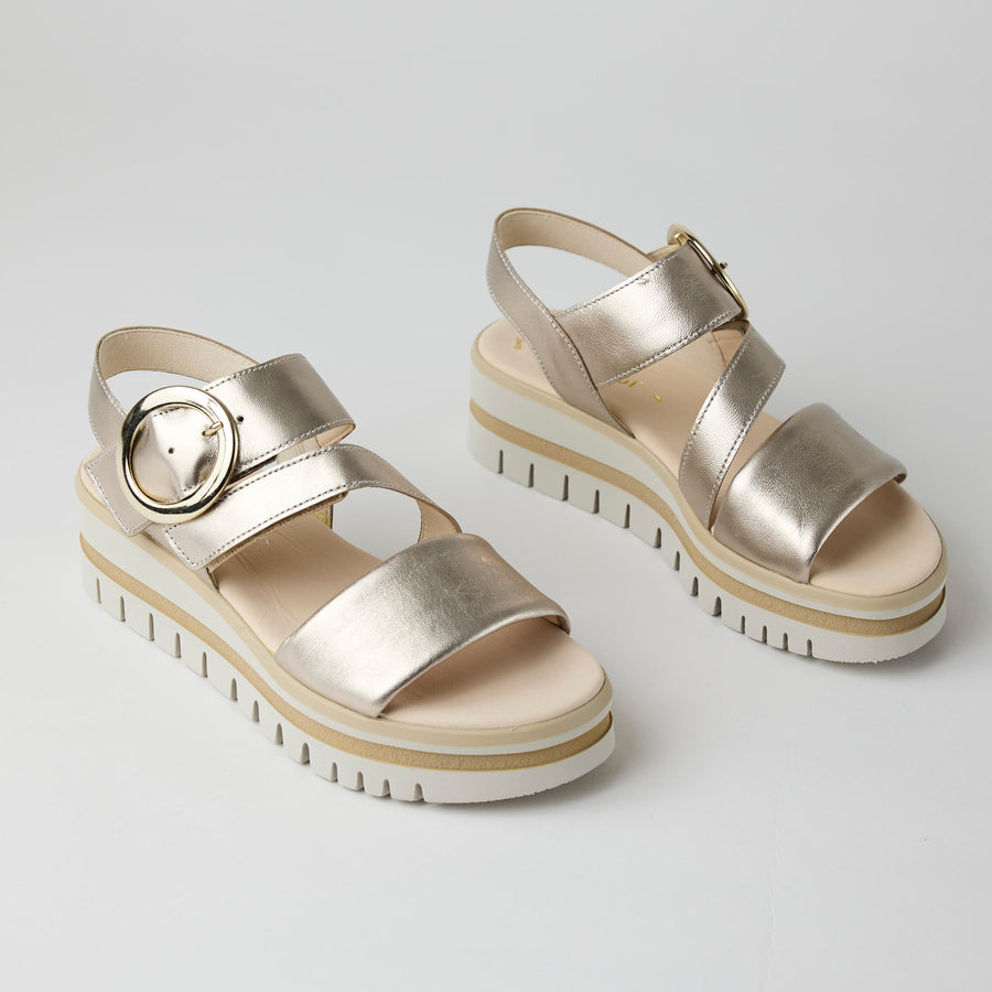 Gabor Flatform Platino Metallic Leather Sandals