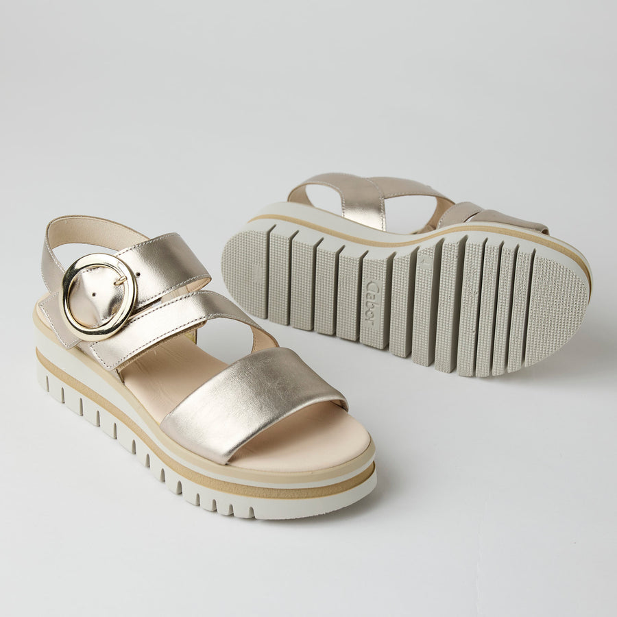 Gabor Flatform Platino Metallic Leather Sandals