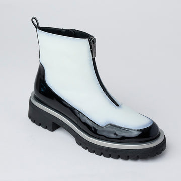 Lodi Black and White Patent Leather Ankle Boots