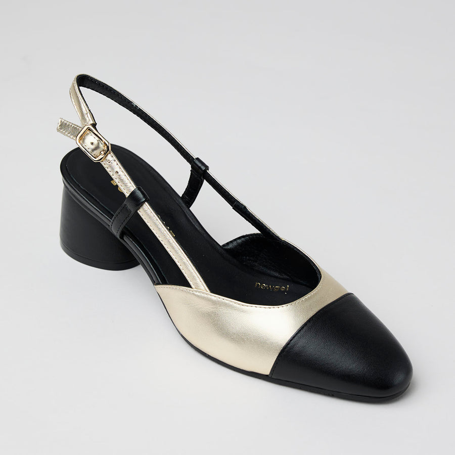 Lodi Black and Gold Leather Block Heel Slingback Shoes