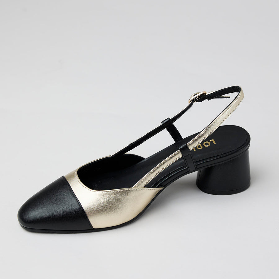 Lodi Black and Gold Leather Block Heel Slingback Shoes