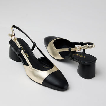 Lodi Black and Gold Leather Block Heel Slingback Shoes