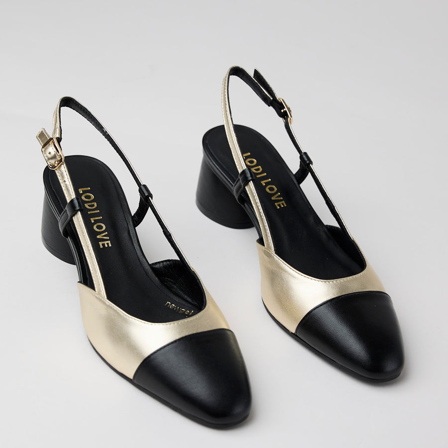 Lodi Black and Gold Leather Block Heel Slingback Shoes