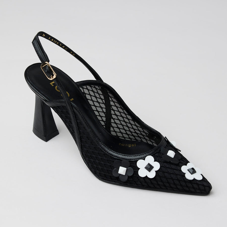 Lodi Black and White Leather and Mesh Slingback Shoes