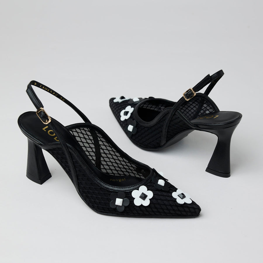 Lodi Black and White Leather and Mesh Slingback Shoes