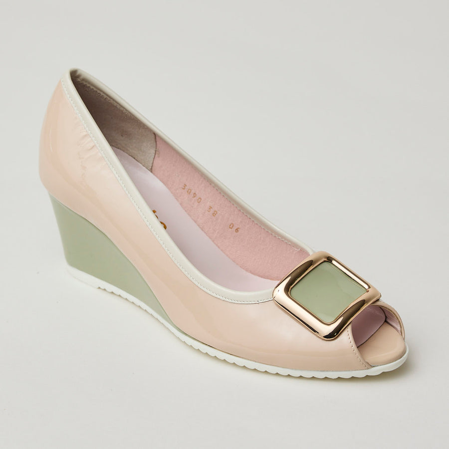 Le Babe Blush and Green Combination Peep-toe Patent Leather Wedge Shoes - Nozomi