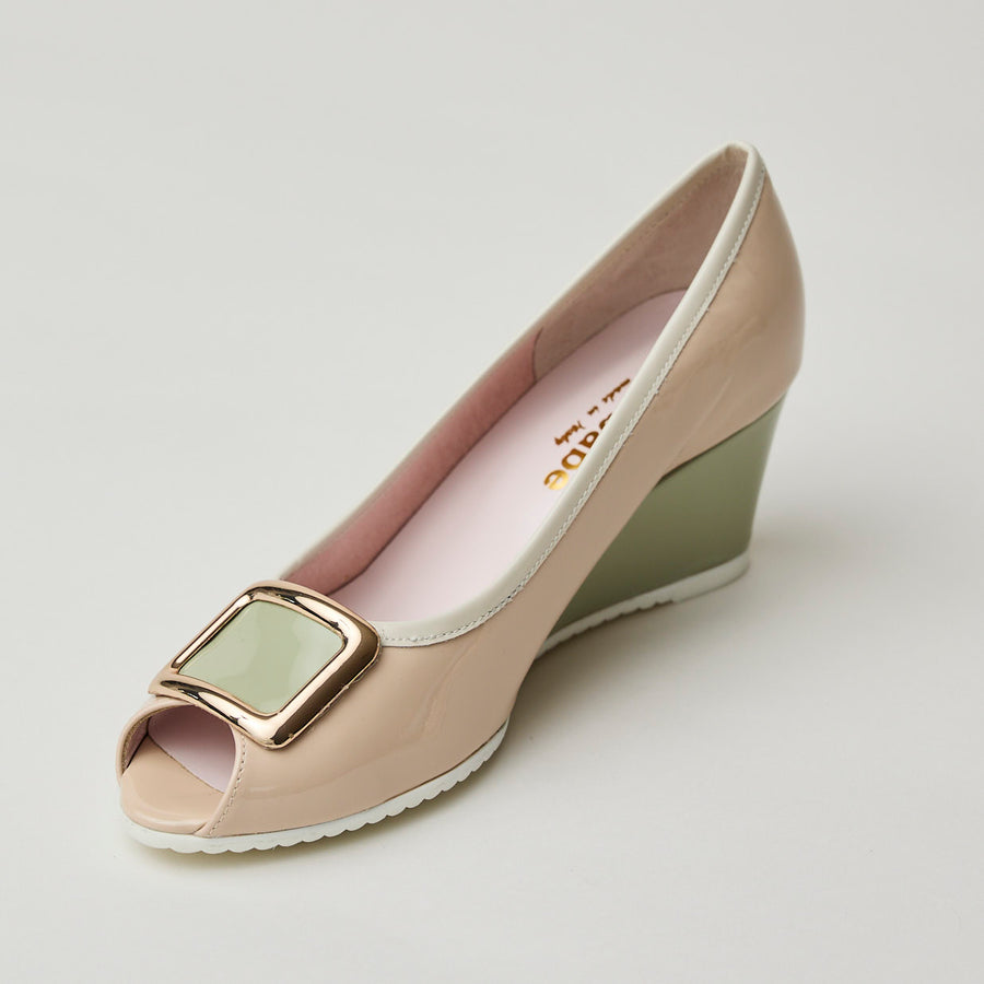 Le Babe Blush and Green Combination Peep-toe Patent Leather Wedge Shoes - Nozomi