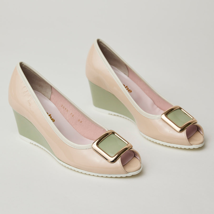 Le Babe Blush and Green Combination Peep-toe Patent Leather Wedge Shoes - Nozomi