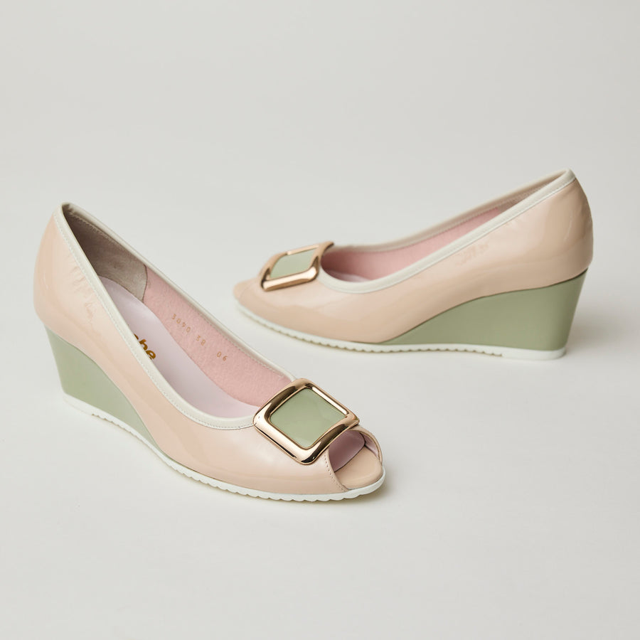 Le Babe Blush and Green Combination Peep-toe Patent Leather Wedge Shoes - Nozomi