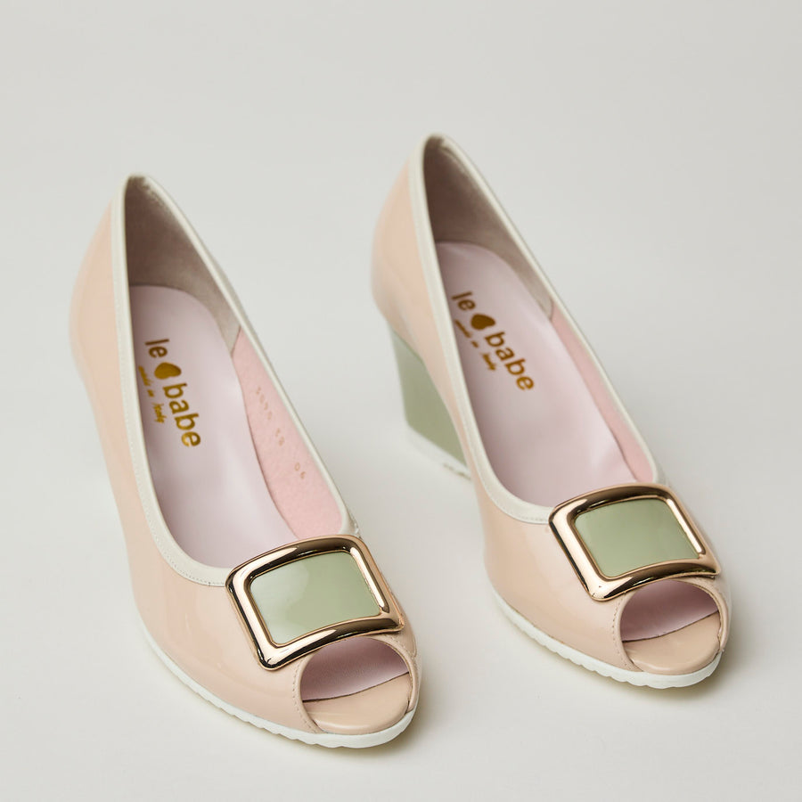 Le Babe Blush and Green Combination Peep-toe Patent Leather Wedge Shoes - Nozomi