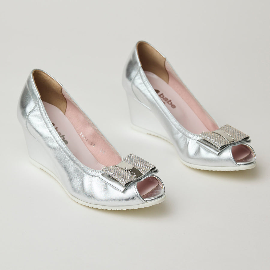 Le Babe Silver Metallic Leather Wedge Peep-toe Shoes - Nozomi