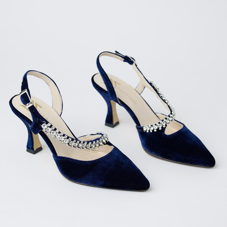 Marian Navy Velvet Covered Leather Sling Back Shoes