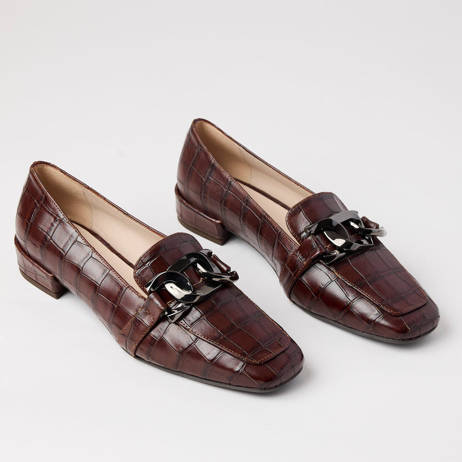 Marian Brown Croc Style Leather Loafers - Nozomi