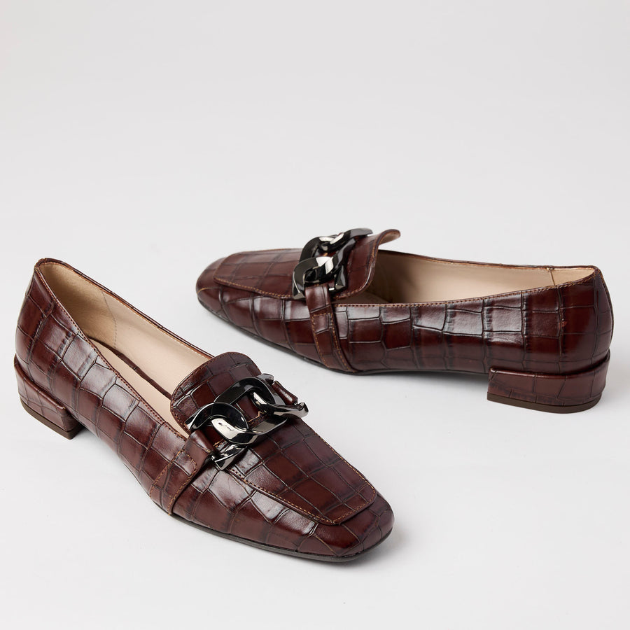 Marian Brown Croc Style Leather Loafers - Nozomi