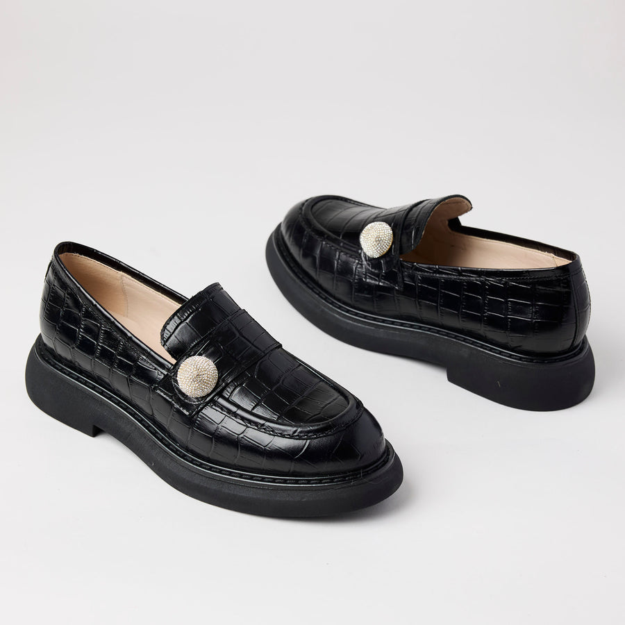 Marian Black Croc Style Leather Loafers - Nozomi