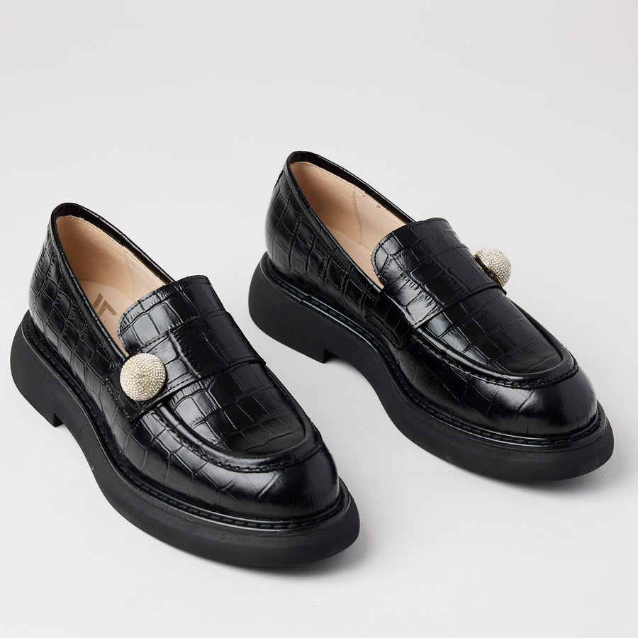 Marian Black Croc Style Leather Loafers - Nozomi