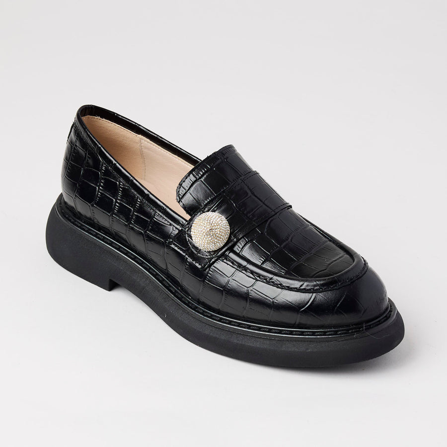 Marian Black Croc Style Leather Loafers - Nozomi