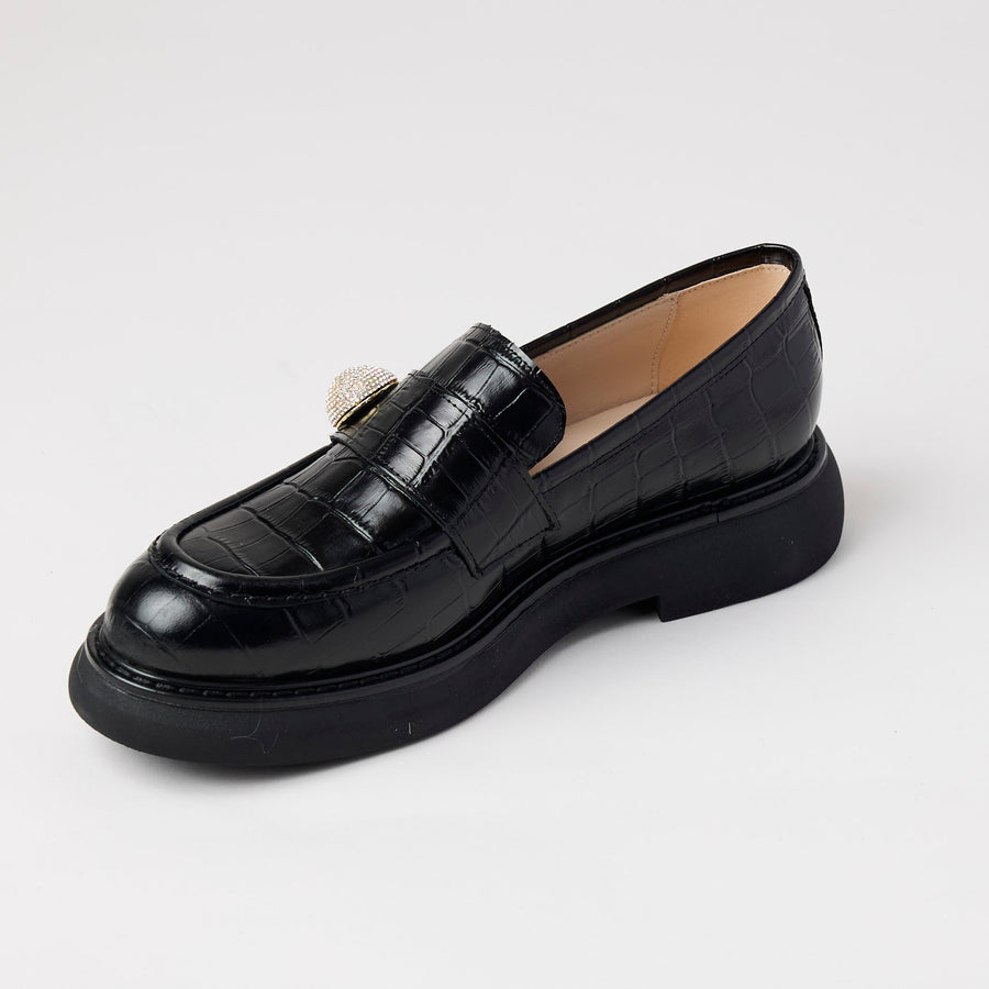 Marian Black Croc Style Leather Loafers - Nozomi