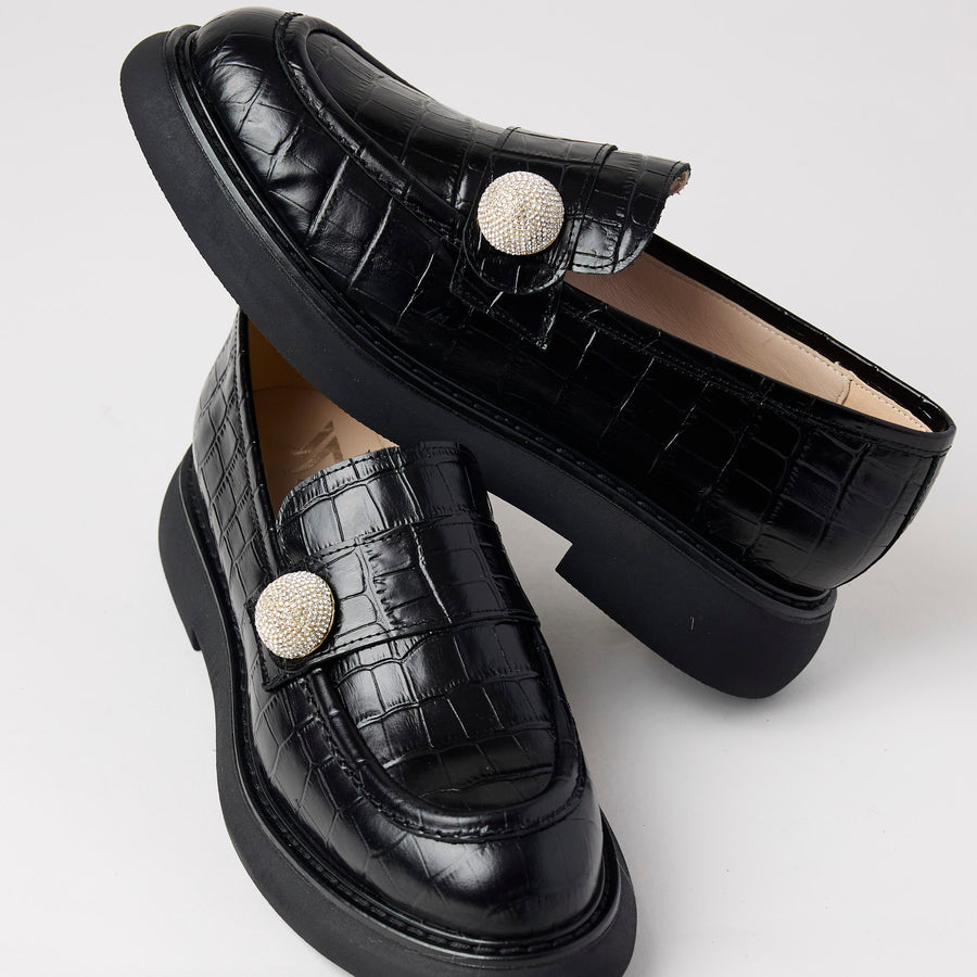 Marian Black Croc Style Leather Loafers - Nozomi