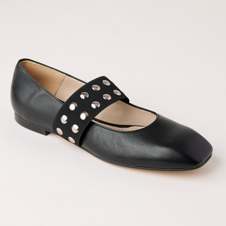 Marian Black Leather Mary Jane Flat Shoes