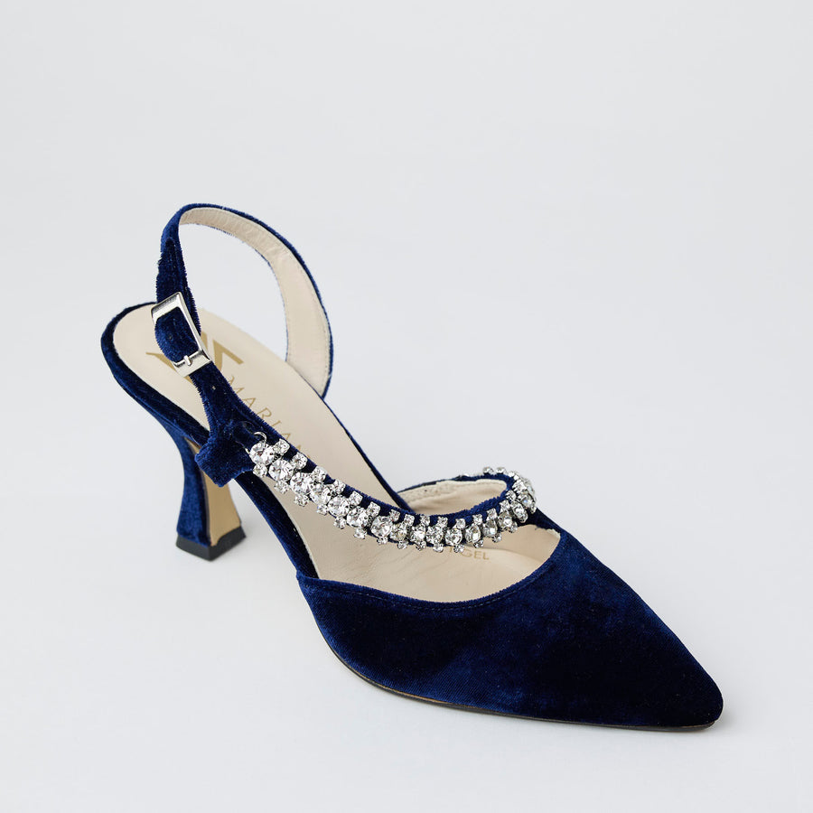 Marian Navy Velvet Covered Leather Sling Back Shoes