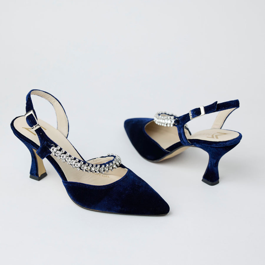 Marian Navy Velvet Covered Leather Sling Back Shoes