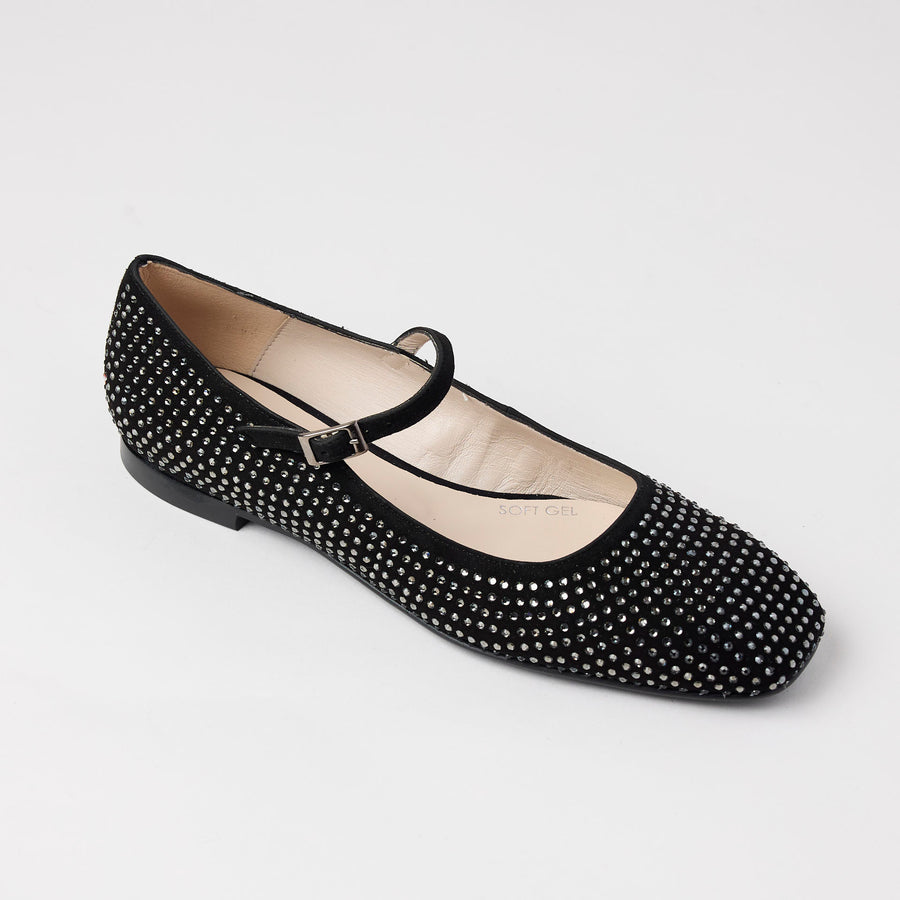 Marian Black Suede & Crystal Ballerina Shoes - Nozomi