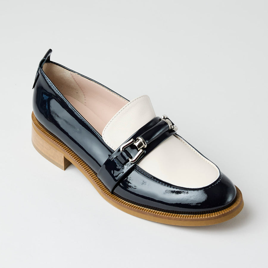 Marco Moreo Navy and Cream Patent Leather Loafers