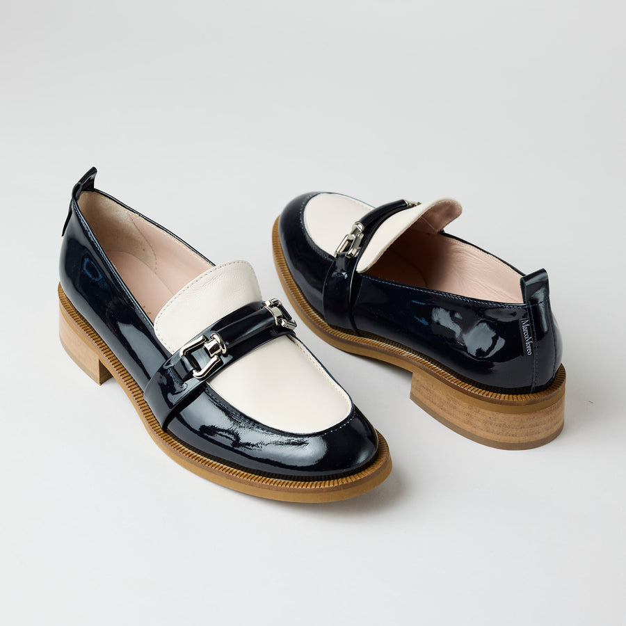 Marco Moreo Navy and Cream Patent Leather Loafers