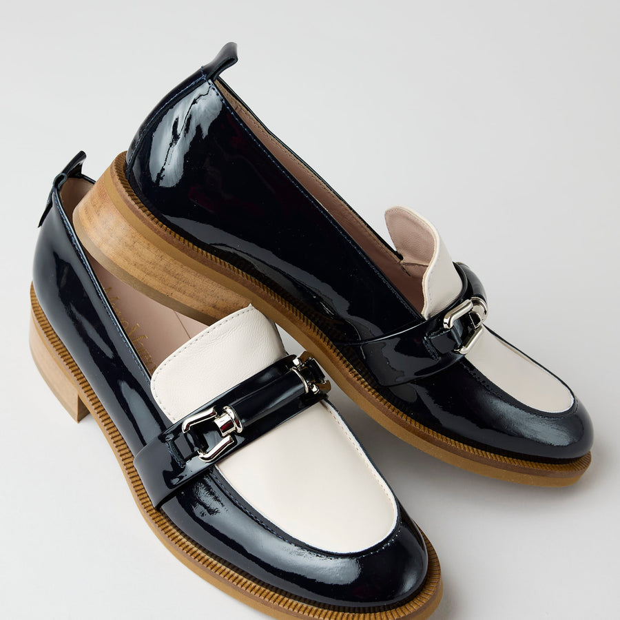 Marco Moreo Navy and Cream Patent Leather Loafers