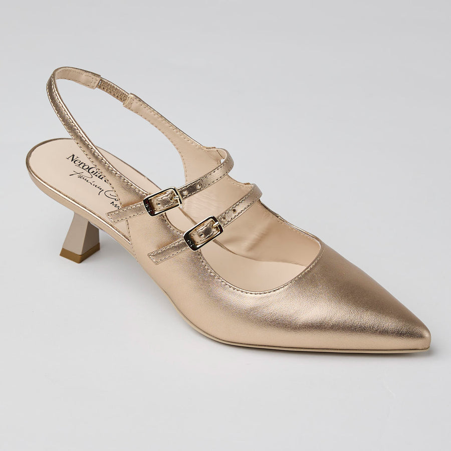 NeroGiardini Gold Metallic Leather Slingback Kitten Heel Shoes