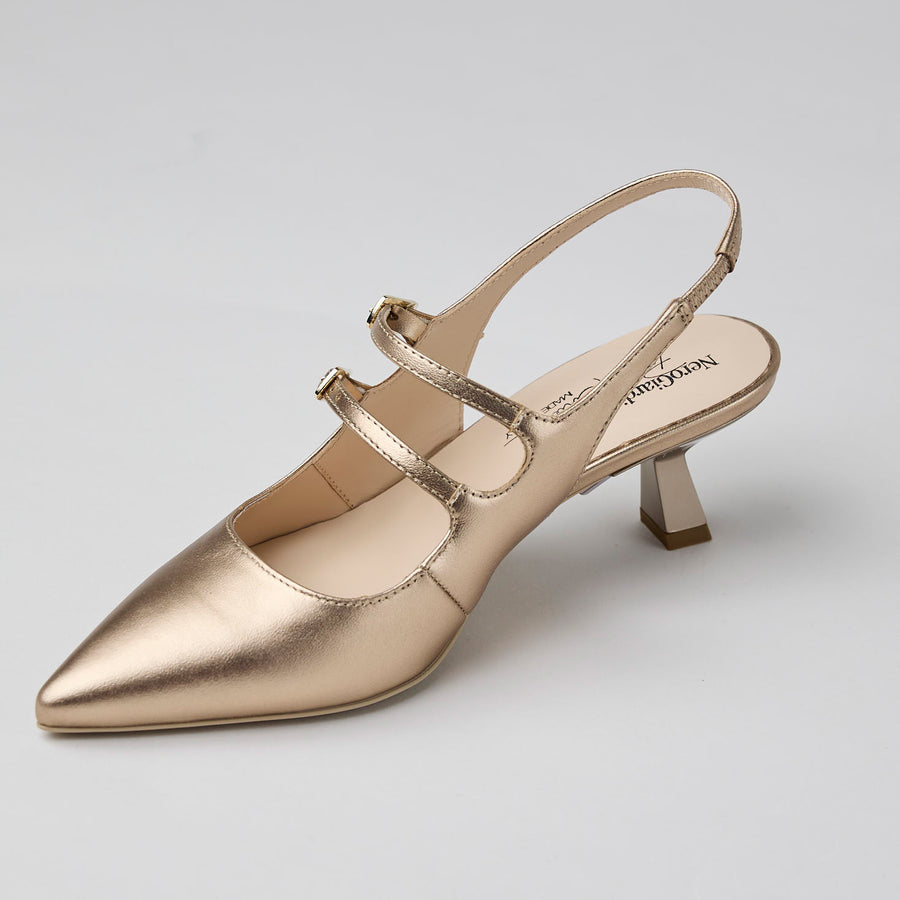 NeroGiardini Gold Metallic Leather Slingback Kitten Heel Shoes