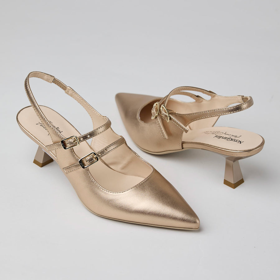 NeroGiardini Gold Metallic Leather Slingback Kitten Heel Shoes