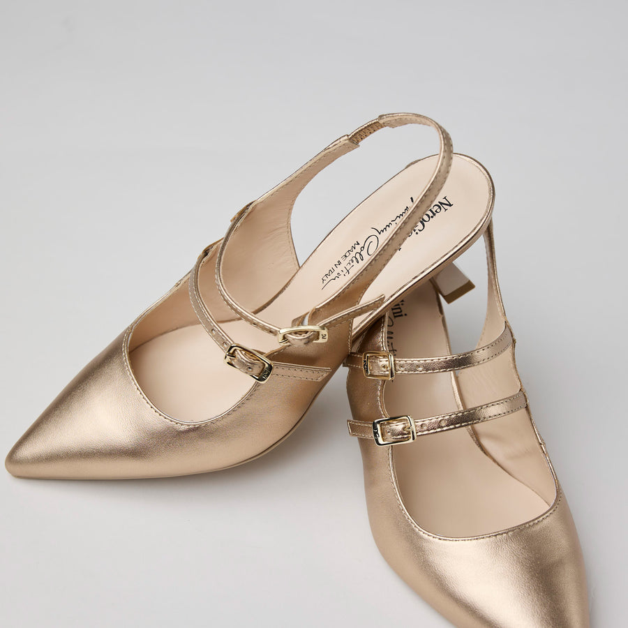 NeroGiardini Gold Metallic Leather Slingback Kitten Heel Shoes