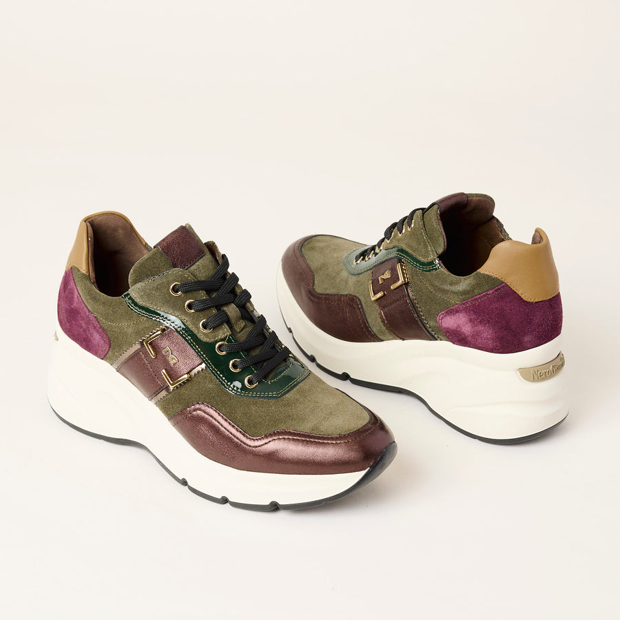 NeroGiardini Multi Green Burgundy Leather Trainers - Nozomi