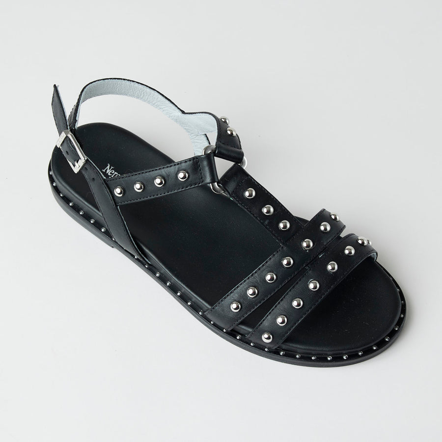 NeroGiardini Black Leather Flat Sandals