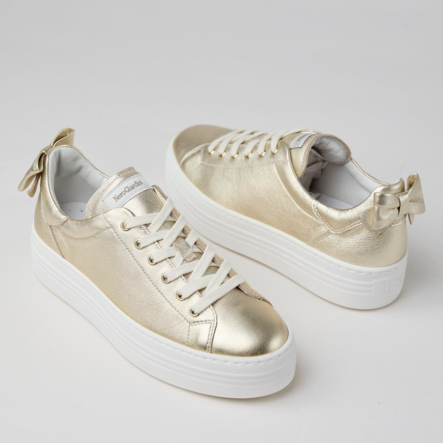 NeroGiardini Gold Metallic Leather Flatform Trainers