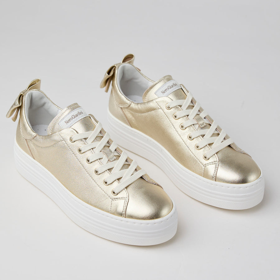 NeroGiardini Gold Metallic Leather Flatform Trainers