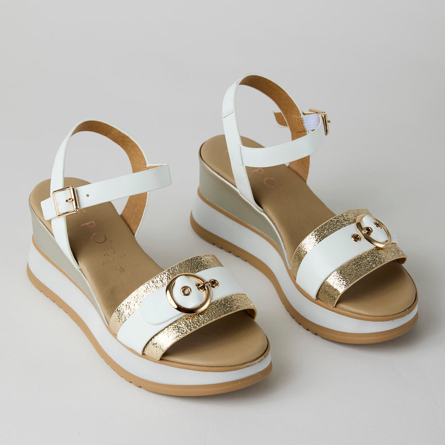 Repo Medium Wedge White Gold Leather Sandals