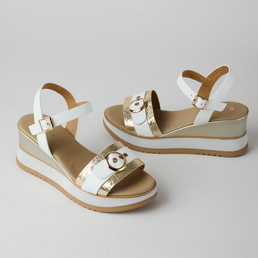 Repo Medium Wedge White Gold Leather Sandals